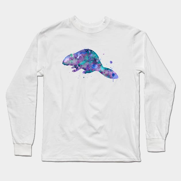 Beaver Watercolor Painting Long Sleeve T-Shirt by Miao Miao Design